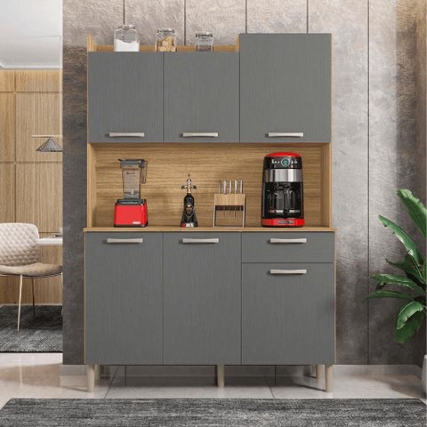 Conjunto Cozinha C/ Portas e Gavetas Genova Freijó / Gris