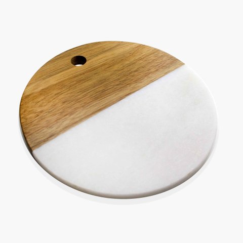 Tábua Decorativa Mármore Branco e Madeira 20 cm - D’Rossi