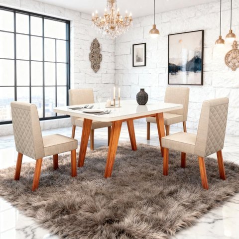 Sala de Jantar 130x90 Mavie Mdf/vidro Off 4 Cad Linho Off