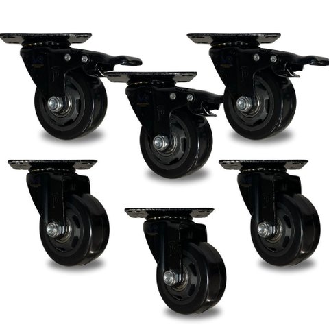 Kit 6 Rodinha Giratória Pu Refoçada 3 Polegadas Black com e sem Trava com Rolamento Anti Risco 400kg