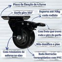 Ver imagem 4 de Kit 6 Rodinha Giratória Pu Refoçada 3 Polegadas Black com e sem Trava com Rolamento Anti Risco 400kg