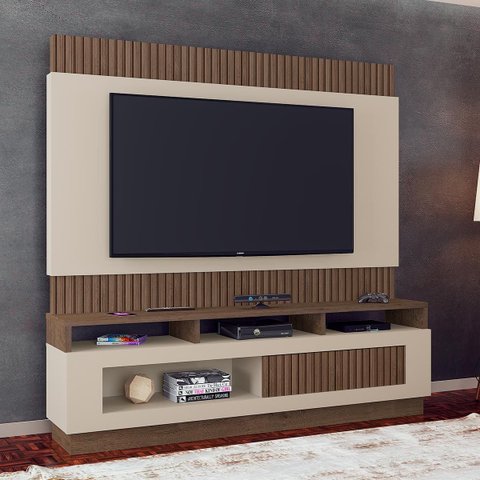 Rack com Painel Ripado Tv 65 Pol Toronto 183 X 180 Cm Nichos Mdp Off White Mocaccino - Clicklar