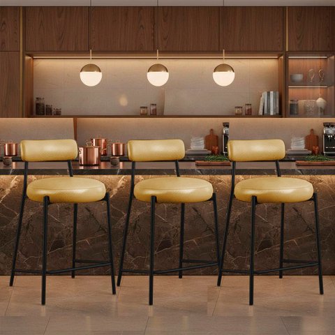 Banqueta Cozinha Alta com Encosto Kit 3 Industrial Preto Londres PU Facto D03 - D'Rossi