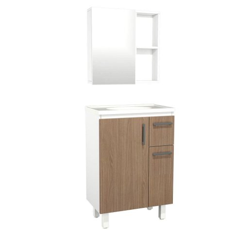 Conjunto Gabinete de Banheiro Gouda 1 Porta 2 Gavetas 60cm Amadeirado Venturi
