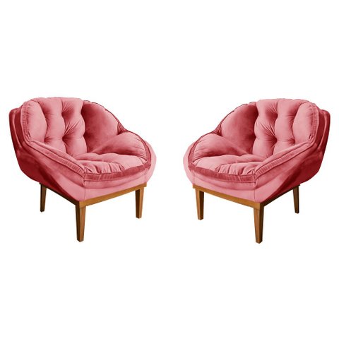 Kit 2 Poltronas Decorativa Marcela Veludo Base Madeira Castanho - Pallazio Rosa