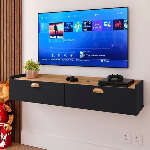 Rack Suspenso 1.20 Home Tv 42" Bancada Flutuante 2 Porta Puxador Concha Sala Quarto Preto/hanover