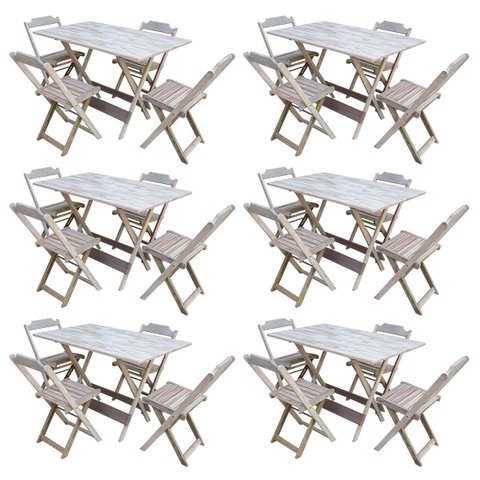 Kit 6 Conjuntos de Mesa com 4 Cadeiras de Madeira Dobrável 120x70 sem Pintura/Crua