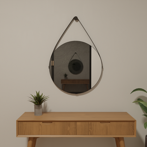 Espelho Redondo Adnet 40cm Moldura Couro Preto Banheiro Quarto Sala Hall