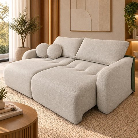 Sofá Cama Casal Retrátil e Reclinável 2 Lugares Bicolor Areia / Verde Musgo Uruguai 196cm