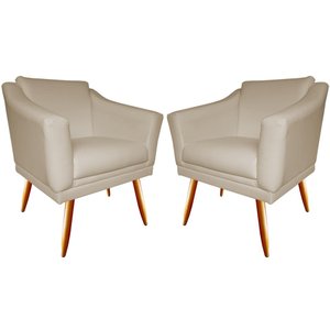 Kit 2 Poltronas Decorativa Agatha Couro Bege Pés Madeira Mz Decor