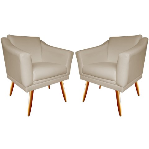 Kit 2 Poltronas Decorativa Agatha Couro Bege Pés Madeira Mz Decor