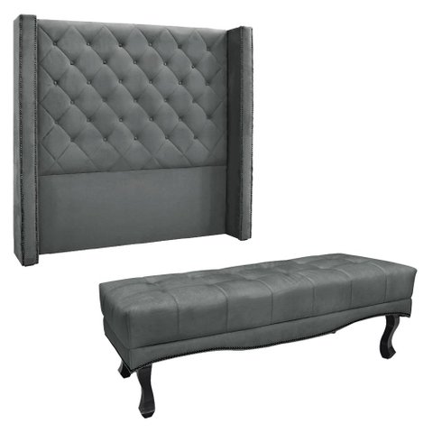 Kit Cabeceira e Calçadeira Recamier Casal 1,40m Vicenza Veludo - Pallazio Cinza Grafite