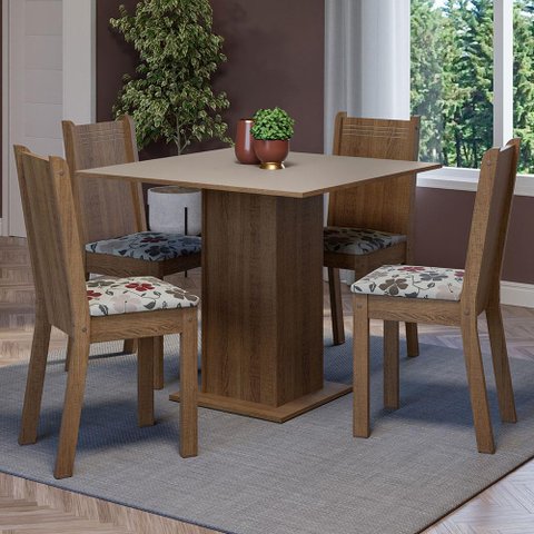 Conjunto Sala de Jantar Mesa Tampo de Madeira 4 Cadeiras Rustic/crema/floral Hibiscos Samara Madesa