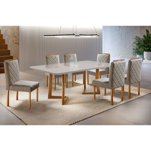 Conjunto Sala de Jantar 6 Lugares Veneza Madeira Maciça Mesa e Cadeiras Linho Areia