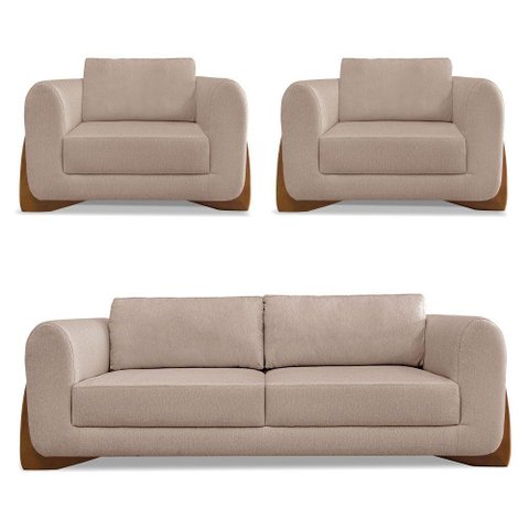 Kit 2 Poltronas e Sofá 2 Lugares Linho Pés Castanho Areia