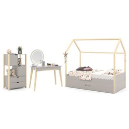 Jogo de Quarto Infantil Kids Liv Organizador, Cama, Auxiliar New e Penteadeira Tifanny LED Cinza/Nat - 1