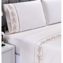 Lençol King Casal Percal Bordado Floral Palha 4 Pçs - 2