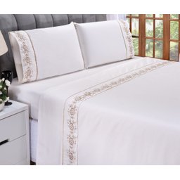 Lençol King Casal Percal Bordado Floral Palha 4 Pçs - 3