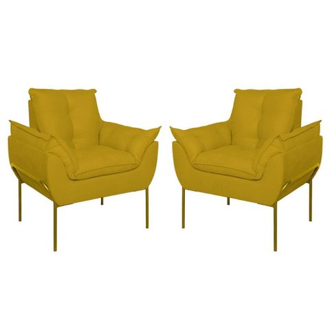 Kit 02 Poltronas Base Metal Dourada Sala Quarto Balaqui Decor Cor:amarelo