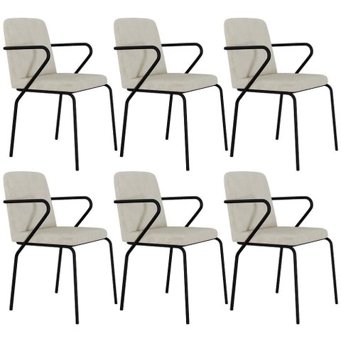 Kit 06 Cadeiras Estofada para Sala de Jantar com Braço Loft Preto C01 Bouclê Vanilla - Lyam Decor