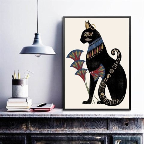 Quadro Decorativo Gato Bastet com Flor de Lotus 24x18cm - com Vidro:madeira Branca
