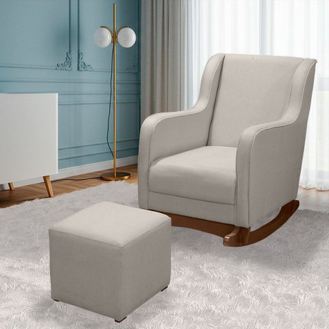 Cadeira Poltrona de Amamentação Balanço Áquila C/ Puff Linho Off White Plus - Anjo de Casa