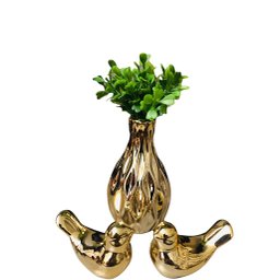 Kit Enfeite Para Rack Vasinho Passarinhos Planta Decoração Dourado - 1