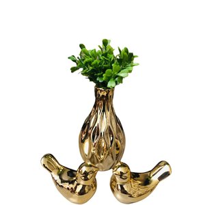 Kit Enfeite Para Rack Vasinho Passarinhos Planta Decoração Dourado