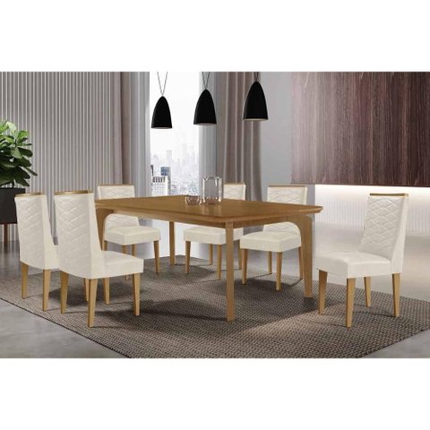 Conjunto: Mesa de Cozinha Londrina Tampo Curvo 180cm+6 Cadeiras Dafne Madeira Naturale - Capuccino/