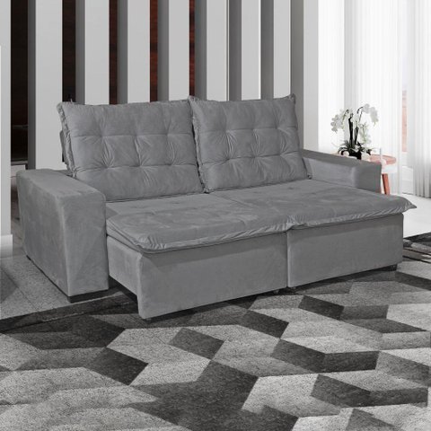 Sofá Charge Retrátil/Reclinável 4Lugares Veludo Cinza 2,30cm