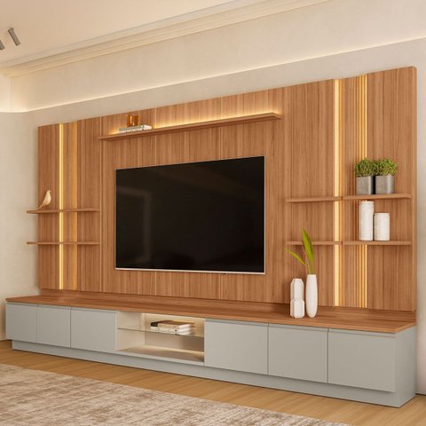 Conjunto Painel Rack 4 Módulos Laterais Been Mdp/mdf Tv até 75 Canela/gris G77 - Gran Belo