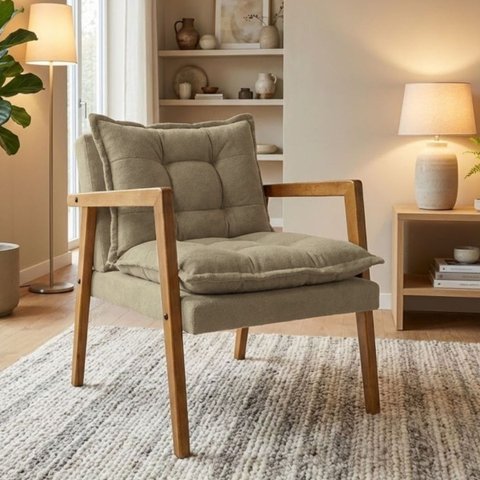 Poltrona em Madeira Maciça Confortável Sala Design Elegante Estofado Boucle Estilo Sofisticado
