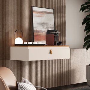 Aparador Suspenso Diana com 1 Gaveta e Puxador em Couro - Off White com Nature