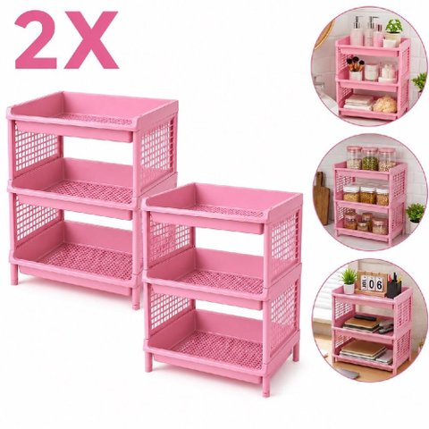 Kit 2 Prateleira Organizadora Infantil 3 Andares Estante Rosa Multiuso Modular Porta Brinquedos Pape