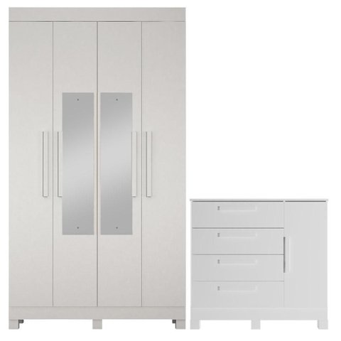 Guarda Roupa Casal Quero 4 Portas de Bater com Espelho e Cômoda 1 Porta 4 Gavetas MDF Branco