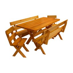 Conjunto Mesa 1,6m e 2 Bancos Com Encosto e 2 Cadeiras Madeira Maciça Eucalipto - 1