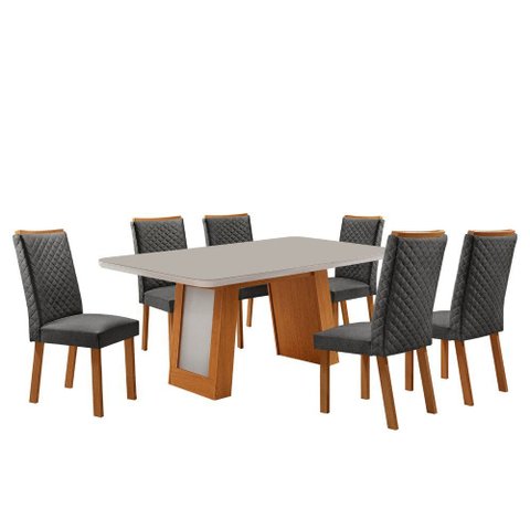 Mesa de Jantar Carolina 180cm Tampo MDF Vidro Canto Copo com 6 Cadeiras Lira