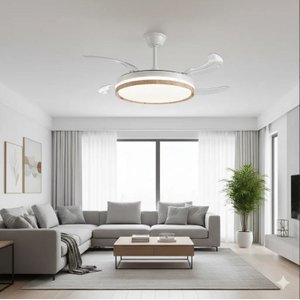 Lustre Ventilador de Teto Retrátil Led Branco, Design Clean com Detalhe em Madeira Freijó