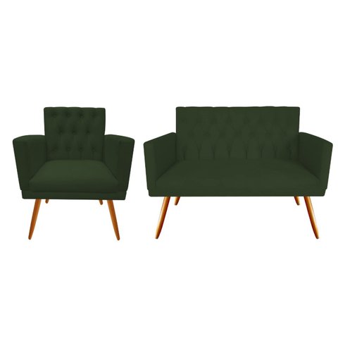 Kit Namoradeira + 1 Poltrona Decorativa Nina Capitonê Suede Verde Pés Madeira Ms Decor