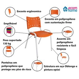 Jogo Mesa Quadrada 70x70 para Restaurante Comércio com 4 Cadeiras Iso Laranja Base Branca Ecomhome - 6