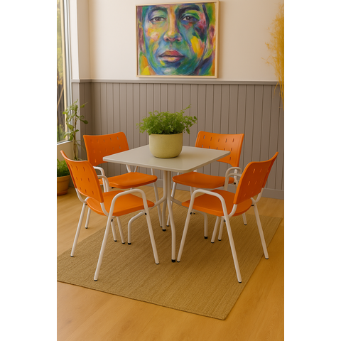 Jogo Mesa Quadrada 70x70 para Restaurante Comércio com 4 Cadeiras Iso Laranja Base Branca Ecomhome