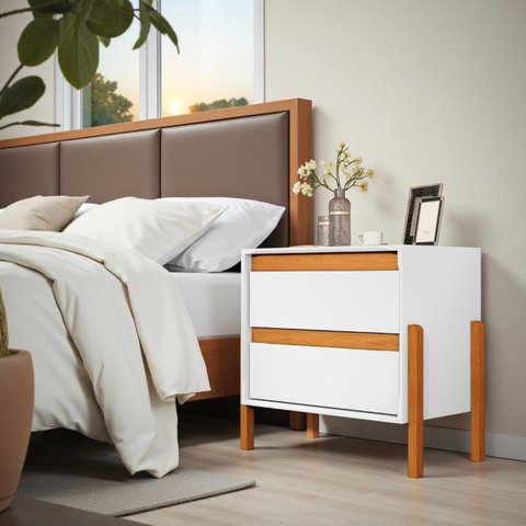 Mesa de Cabeceira Verona 2 Gavetas com Corrediça Telescópica e Pés de Madeira:Branco/Nature/Branco
