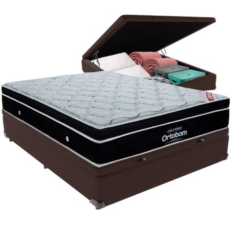 Cama Box Baú Marrom e Colchão Elegant Molas Ensacadas Casal Ortobom