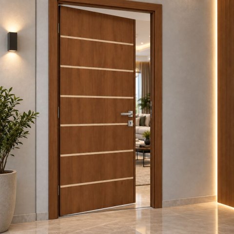 Porta Frisada R50VL 210x80 de Madeira com MDF Acabamento UV:Imbuia
