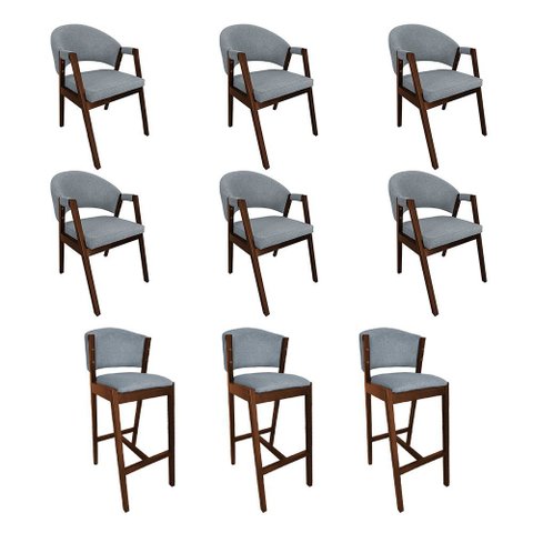 Kit 6 Cadeiras Helen Conjunto para Jantar com 3 Banquetas Ana Madeira Maciça Mel - Cinza