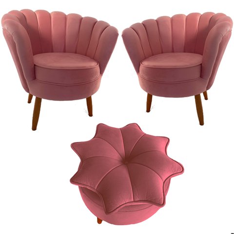 Kit 2 Poltronas Com Puff  Decorativa Pétala de Flor Veludo Rosa