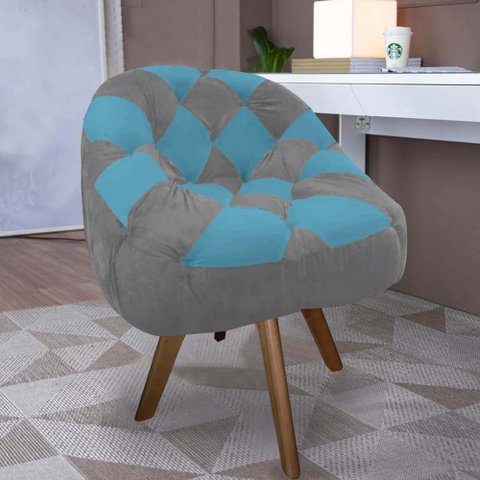 Poltrona Paloma Escritório Sala Giratória Madeira Suede Cinza e Suede Azul Turquesa - Dominic Decor