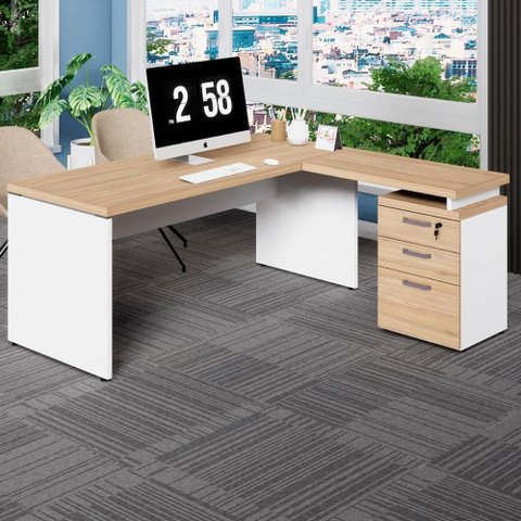 Mesa para Escritório em L com Gaveteiro F5 3 Gavetas 170cm Macadâmia com Branco F5 Office