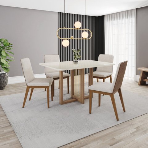 Conjunto Sala Jantar Mesa Natalí 120cm Canto Arredondado com Vidro 4 Cadeiras Pietra Off White/Nature/Caramelo