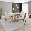 Ver imagem 1 de Conjunto Sala Jantar Mesa Natalí 120cm Canto Arredondado com Vidro 4 Cadeiras Pietra Off White/Nature/Caramelo